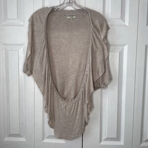 GUESS Women's Small Taupe Open Front Knit Cardigan Draped Shawl Ruffle Sweater